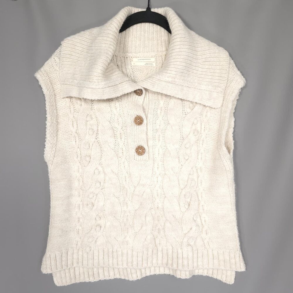 ANTHROPOLOGIE Cable Knit Sweater Vest MEDIUM Ivory Button‎ Mock Neck Turkey
